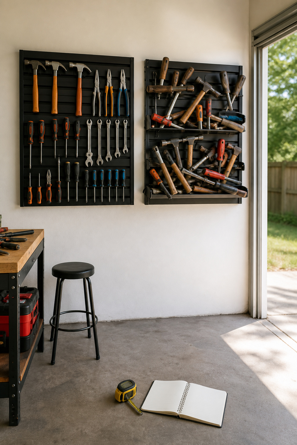 Close-up of a wall mounted tool organizer displaying various tools and equipment