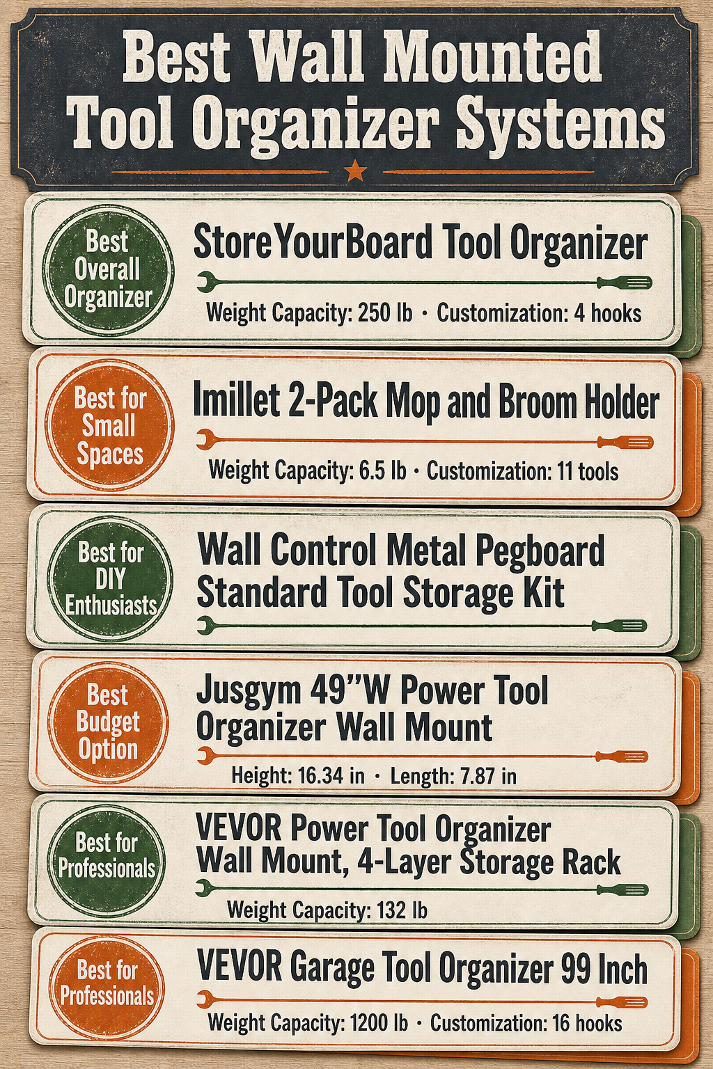 Infographic comparing different wall mounted tool organizer systems with specifications