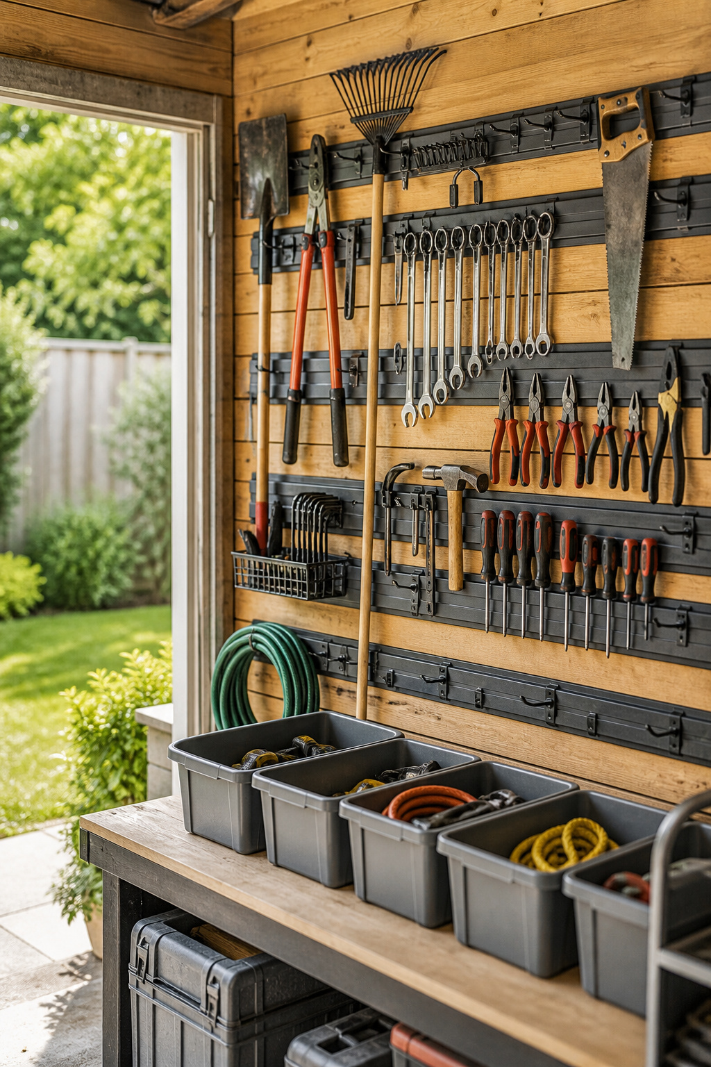 Illustration of wall mounted tool organizer with various hooks and shelves.