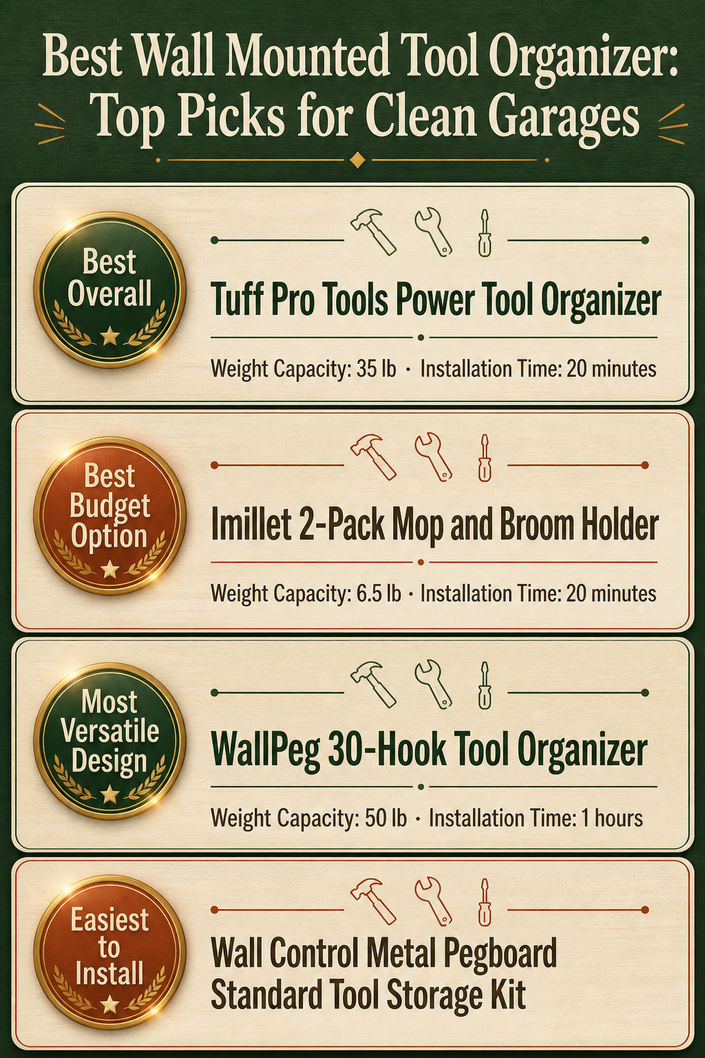 Infographic comparing different wall mounted tool organizers with installation times and weight capacities.