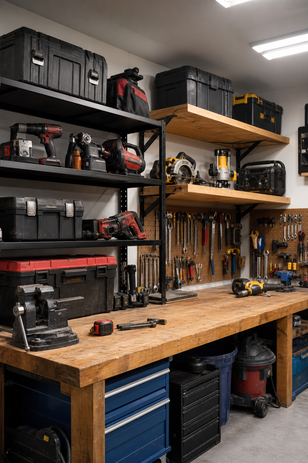 Garage wall with shelves holding various tools and equipment