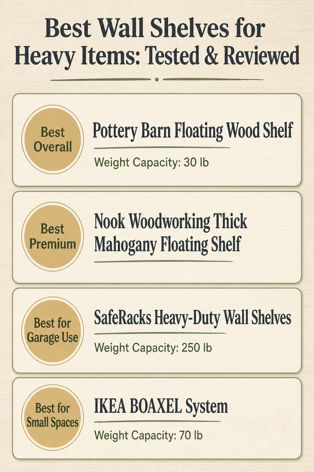 Infographic comparing different wall shelves for heavy items
