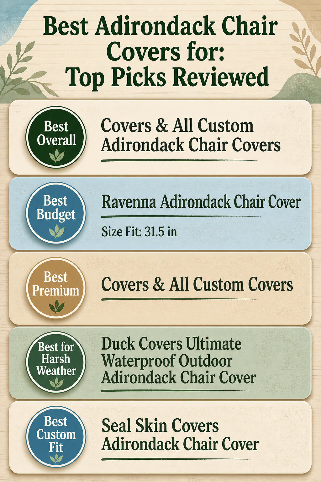 Infographic comparing different Adirondack chair covers with product details