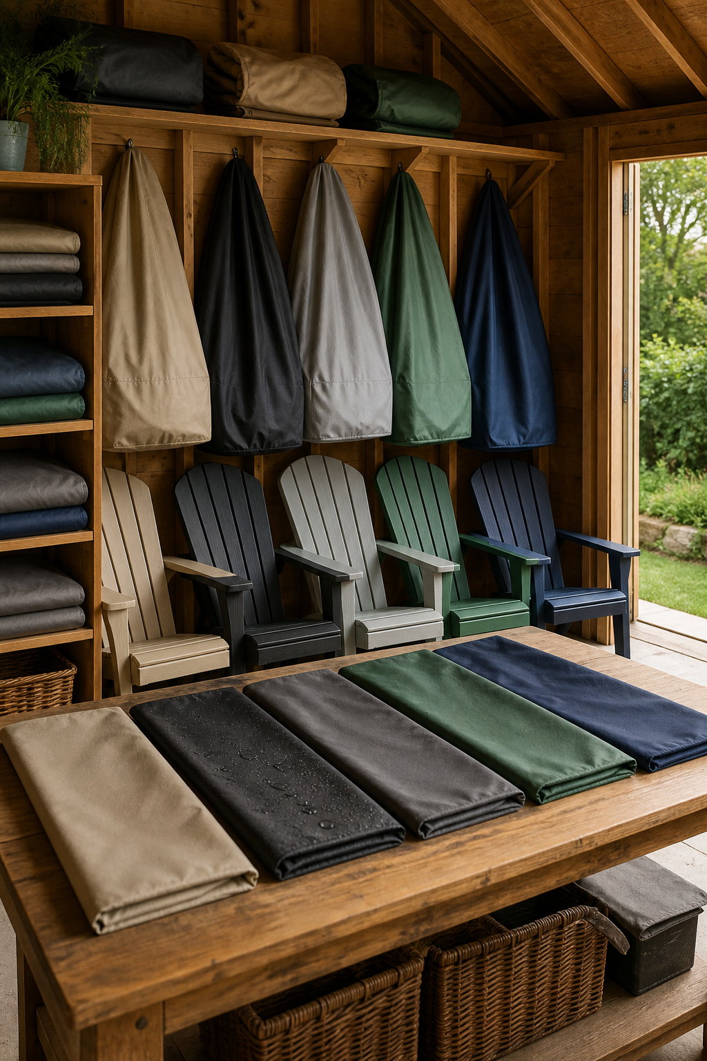 An organized display of various Adirondack chair covers on a table