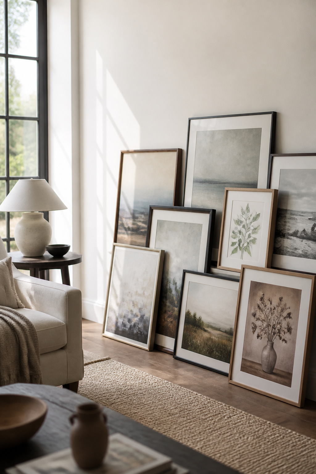 Bright, airy room with a large abstract painting on the wall.