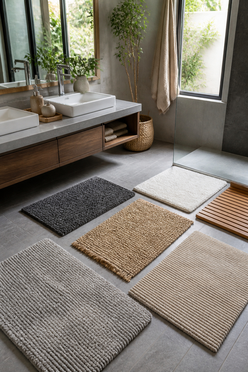 Cotton and microfiber bathroom rugs displayed in a bright setting