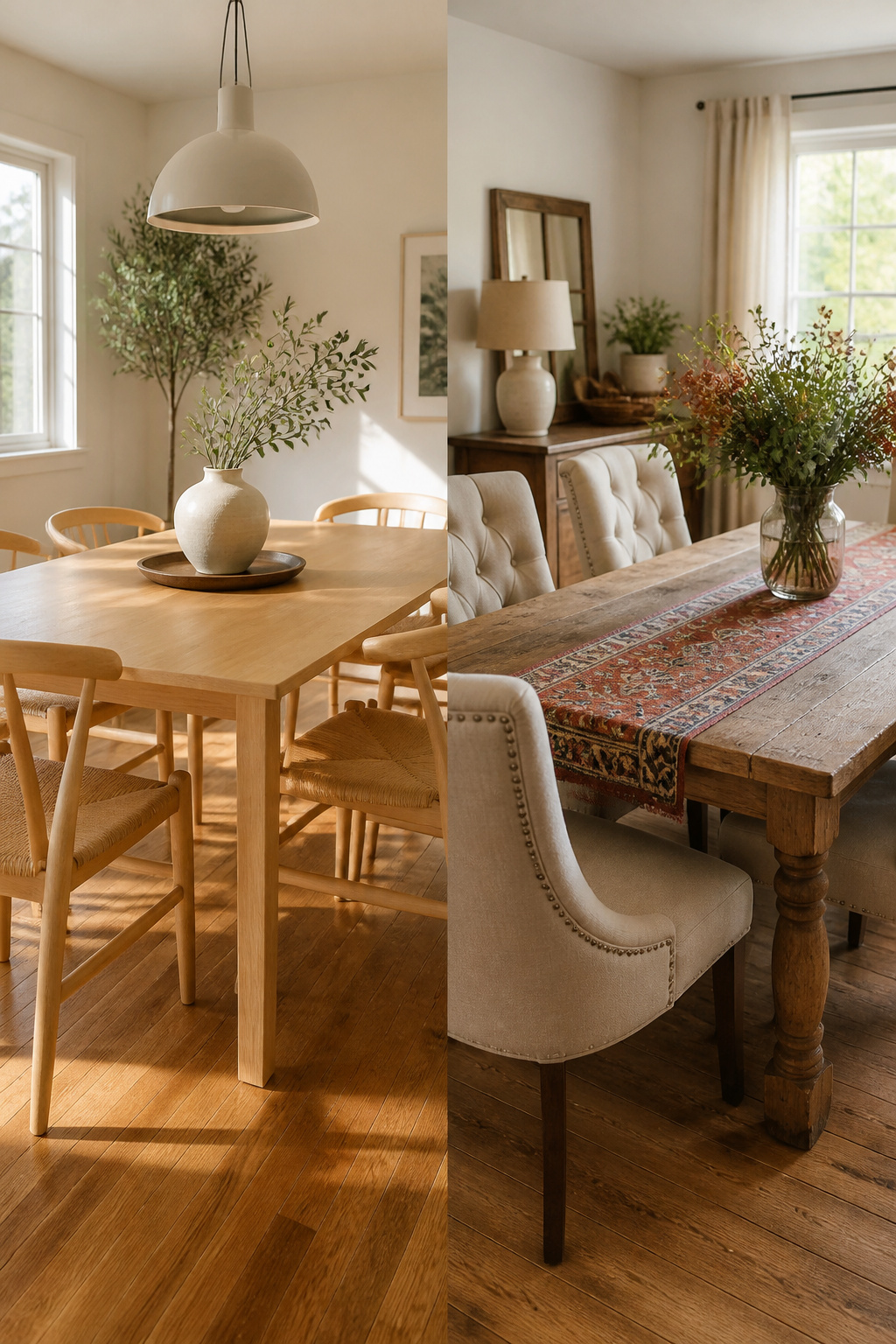 Split-view setup showing a dining table with measurements and clearance requirements