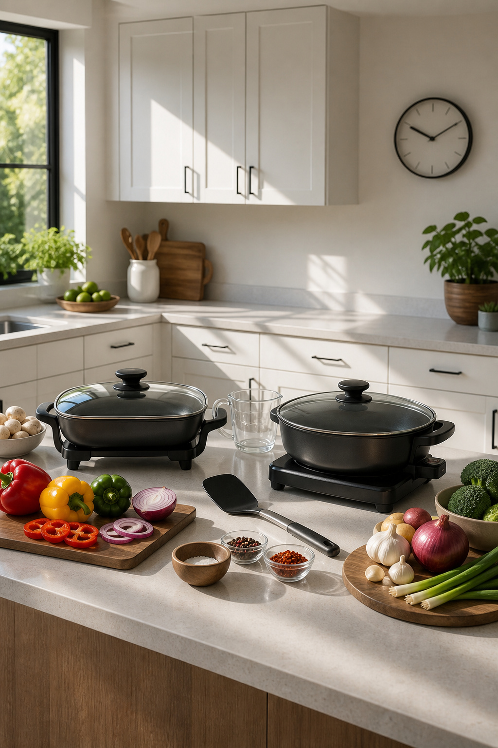 Bright, minimalist kitchen with an electric skillet on the counter