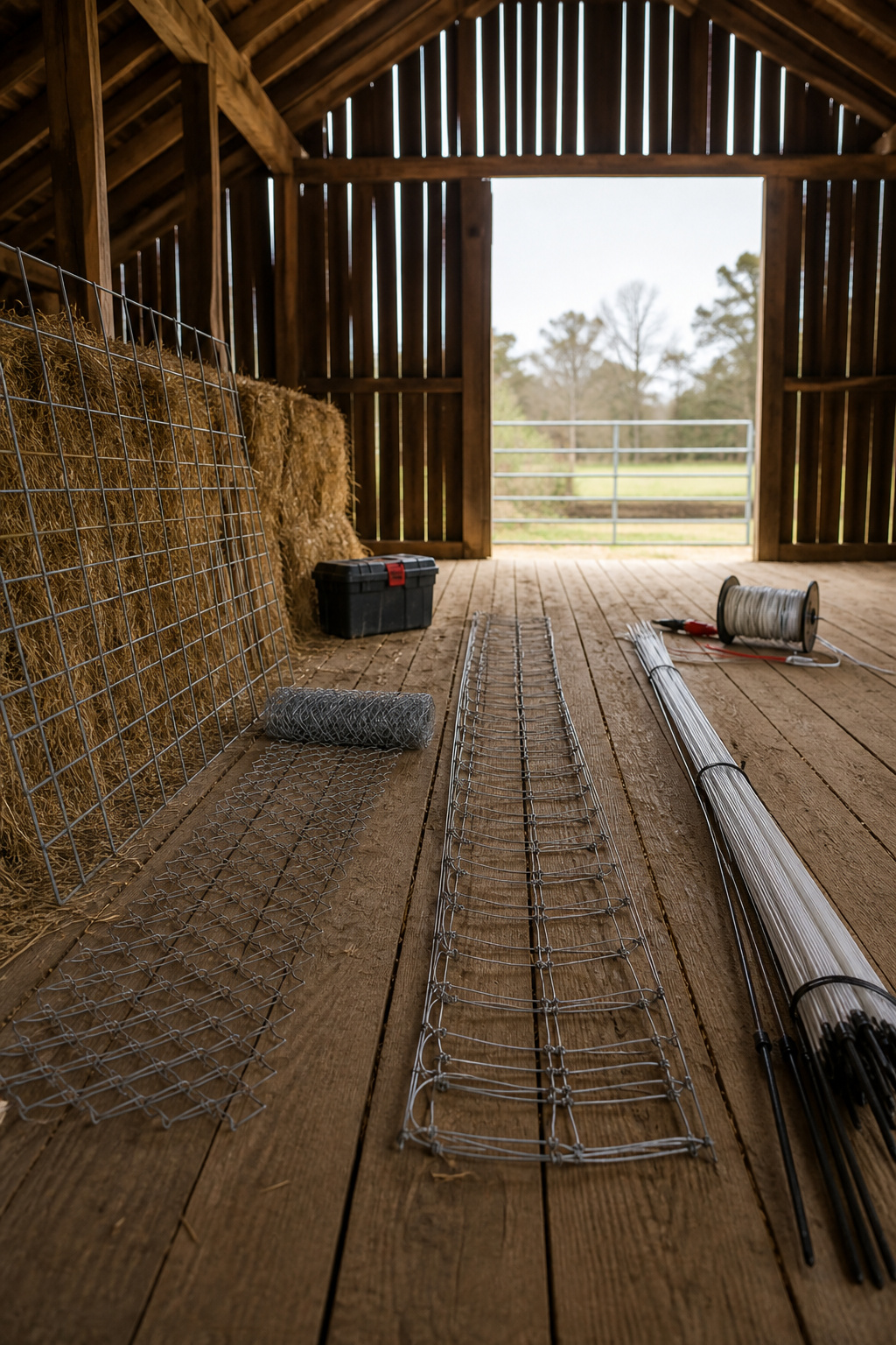 Open barn with various types of fencing materials displayed