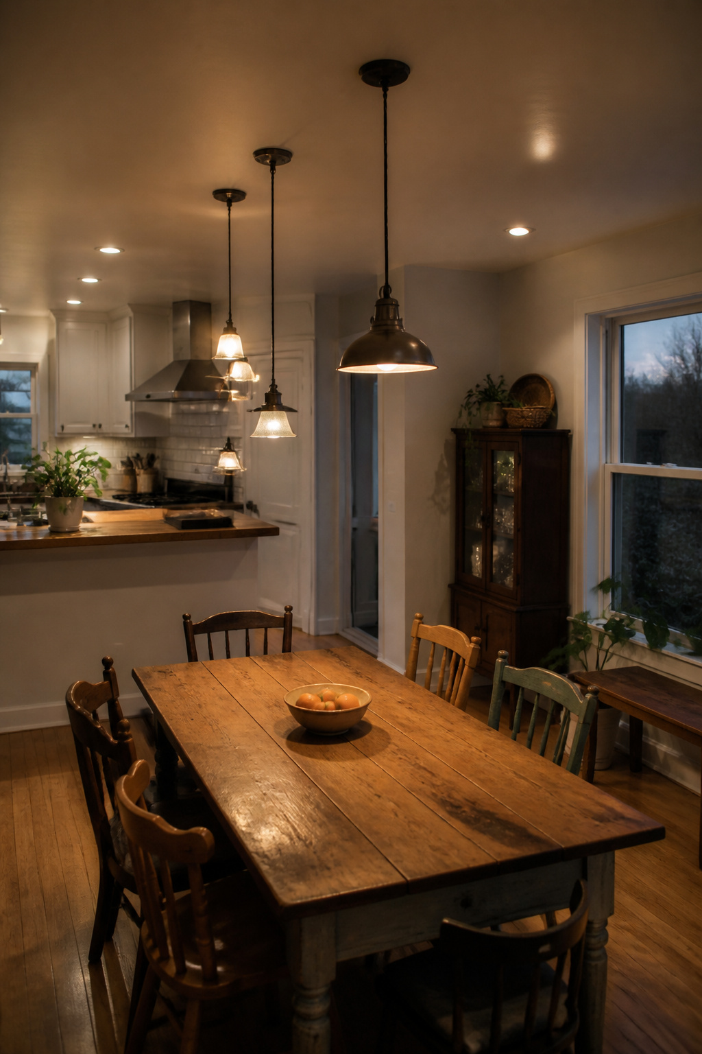 Empty dining area with a bright overhead light