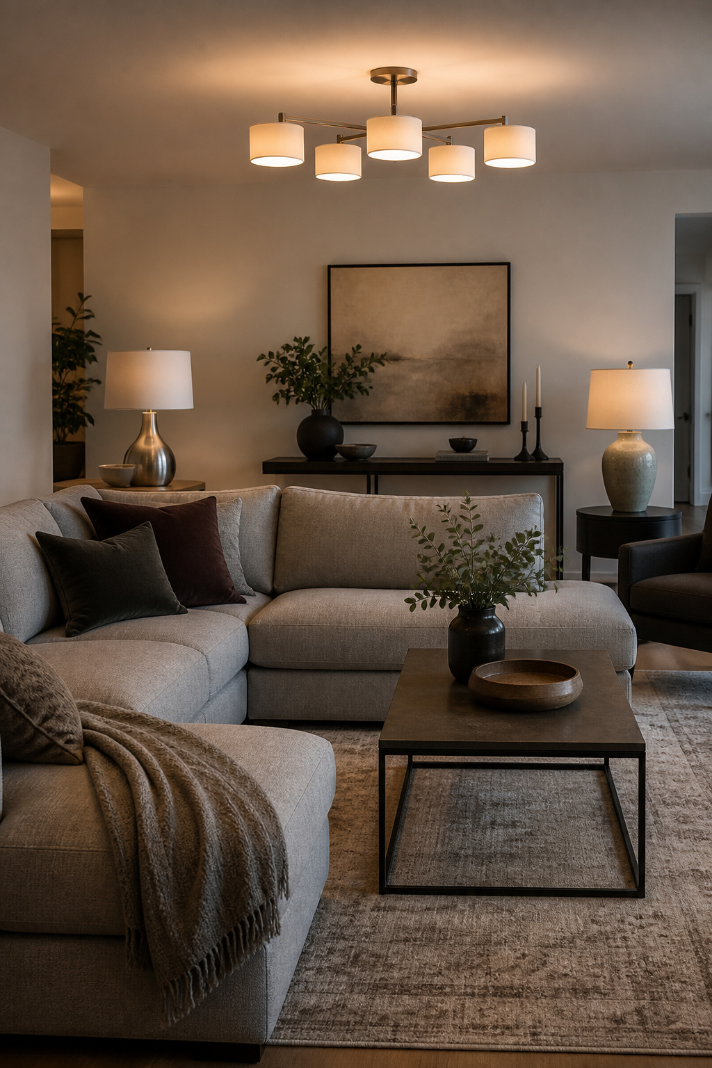 Modern living room with stylish lighting fixtures and furniture