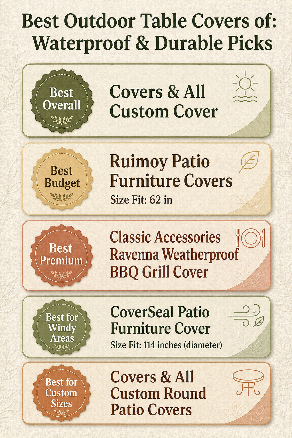 An infographic comparing different outdoor table covers with product details