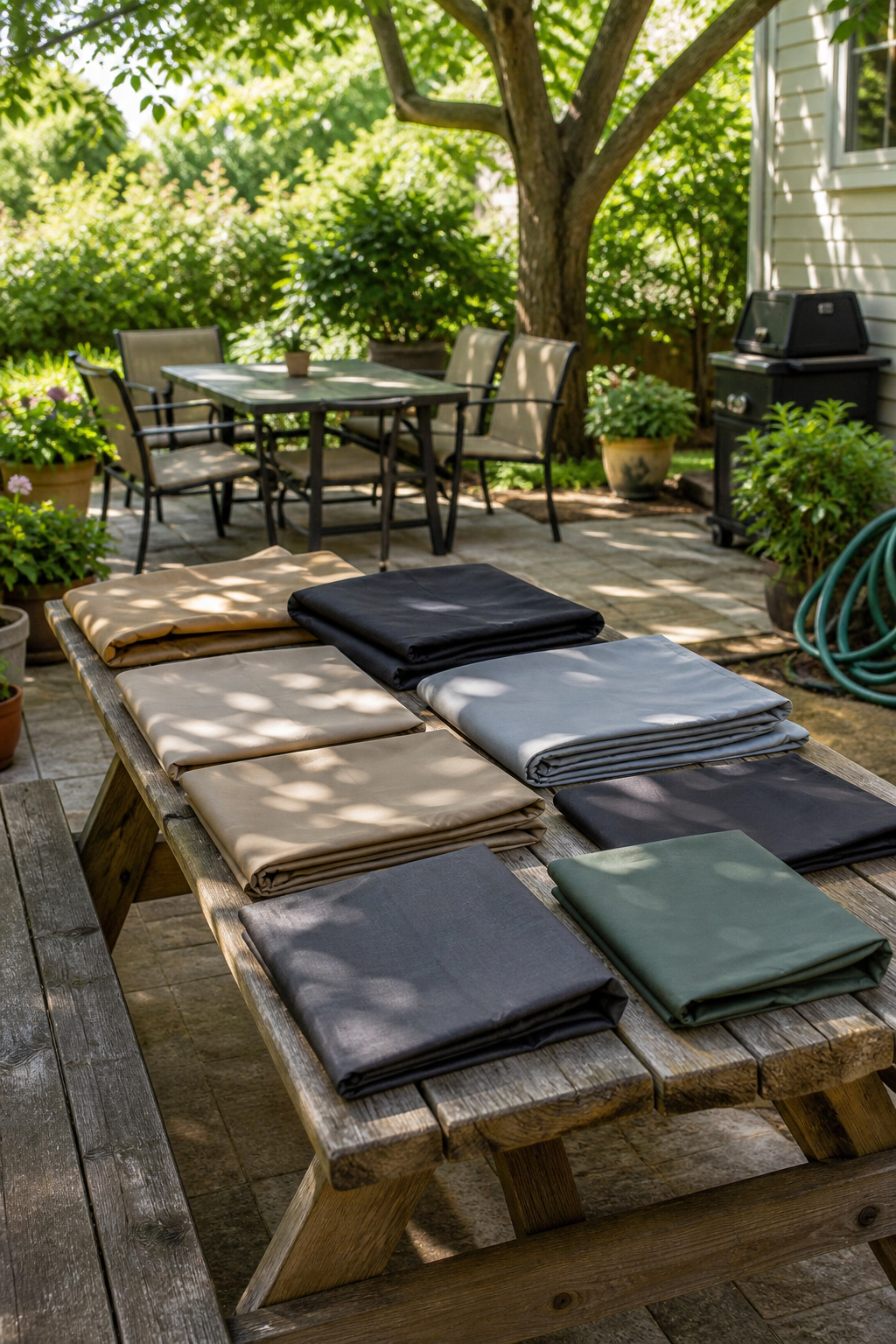 A side yard featuring a table and chairs with a cover partially on