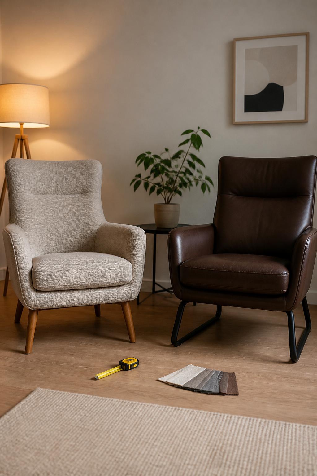 Minimalist lounge chair in a bright room with a small table