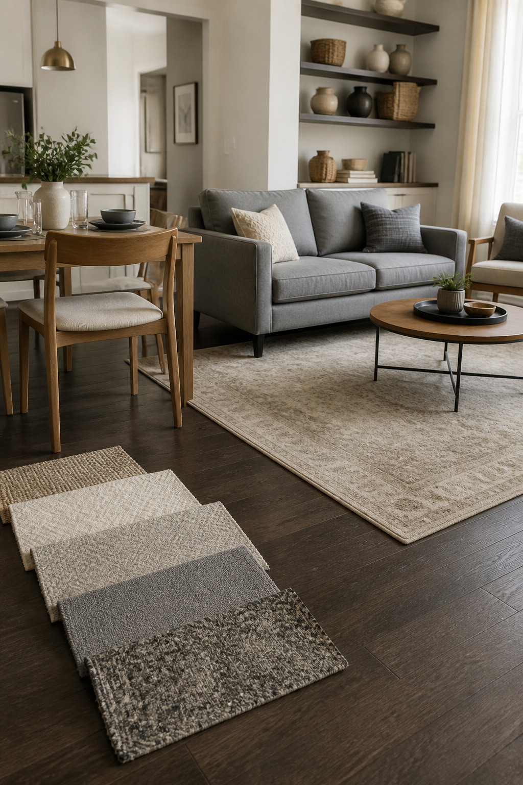 Open concept dining area with a grey couch and colorful rug