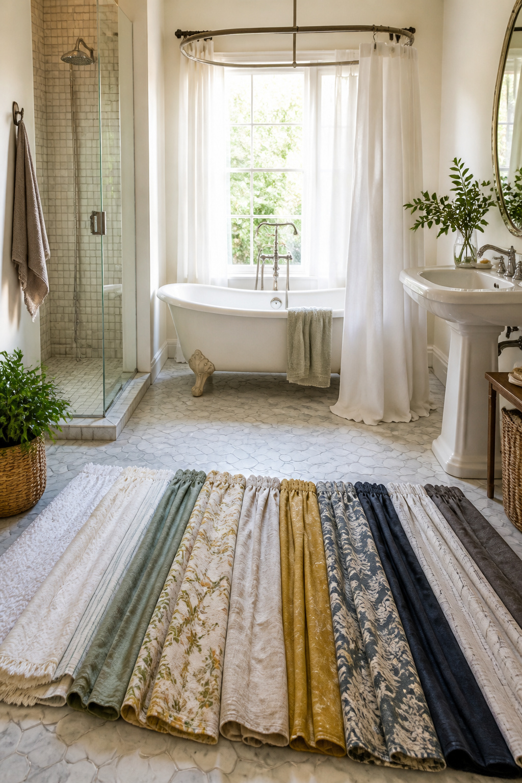 Brightly lit bathroom showcasing a clawfoot tub with a shower curtain