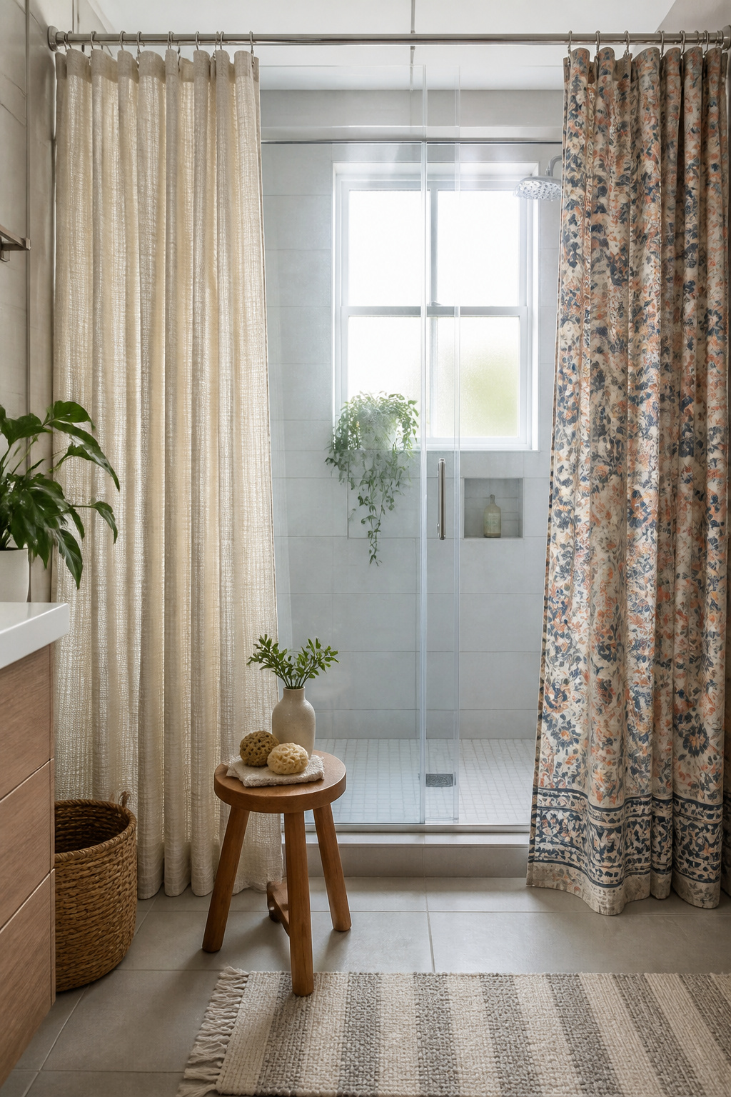A bathroom with a shower curtain and a small tub, illustrating size fit considerations.