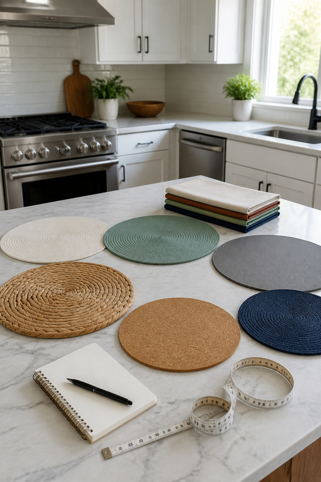 Well-organized dining setup with various table mats displayed on a round table.
