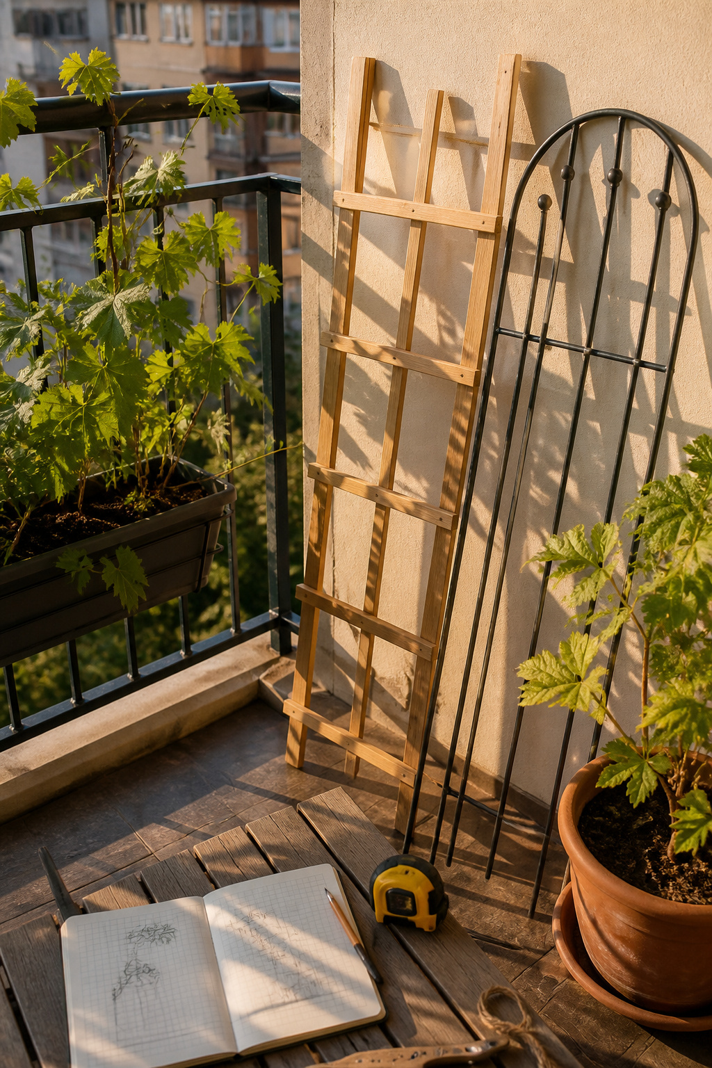 A compact balcony with a trellis supporting grapevines and potted plants