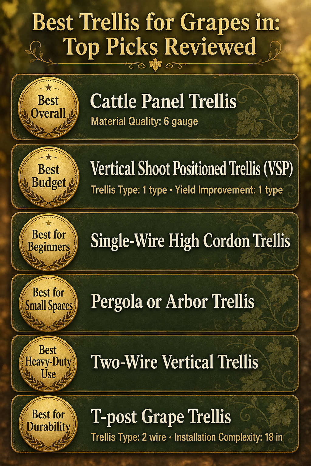 An infographic comparing different grape trellis products with specifications
