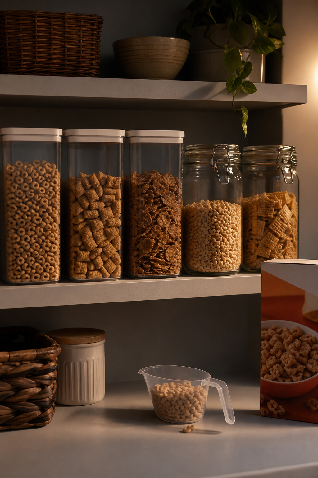 A close-up of various cereal storage containers with lids