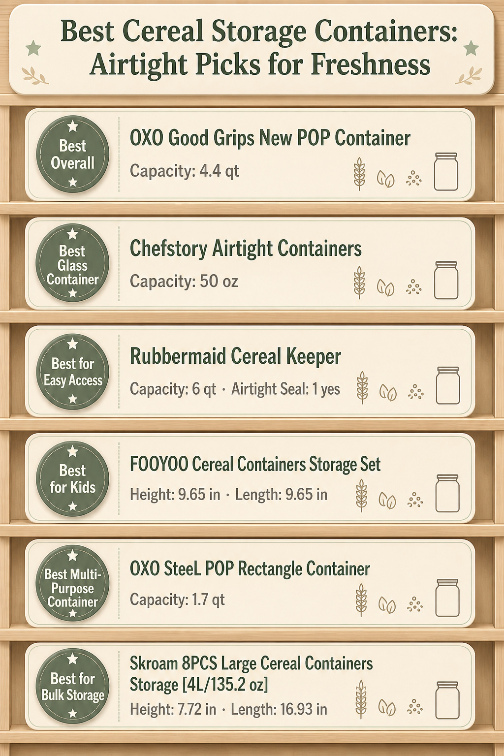 An infographic comparing different cereal storage containers with specifications