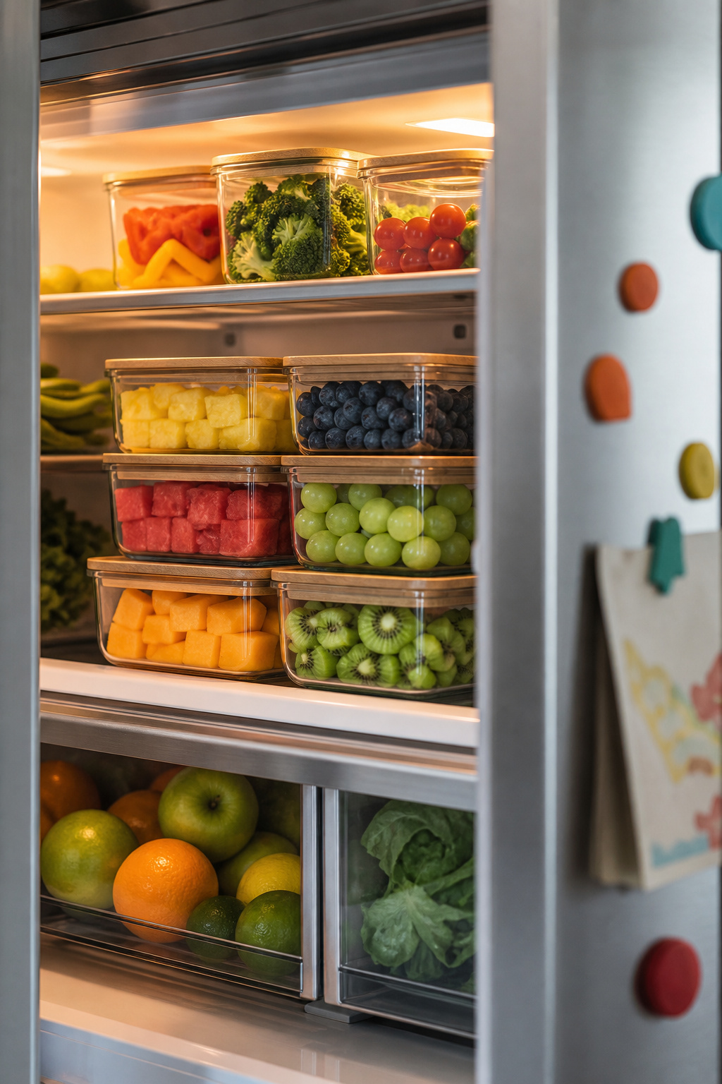 Cozy kitchen scene with fruit storage containers on a countertop, showcasing airflow features.