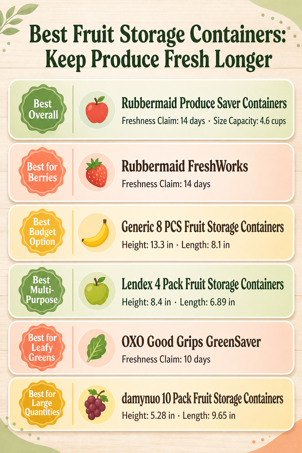 Infographic comparing different fruit storage containers with product names and features listed.