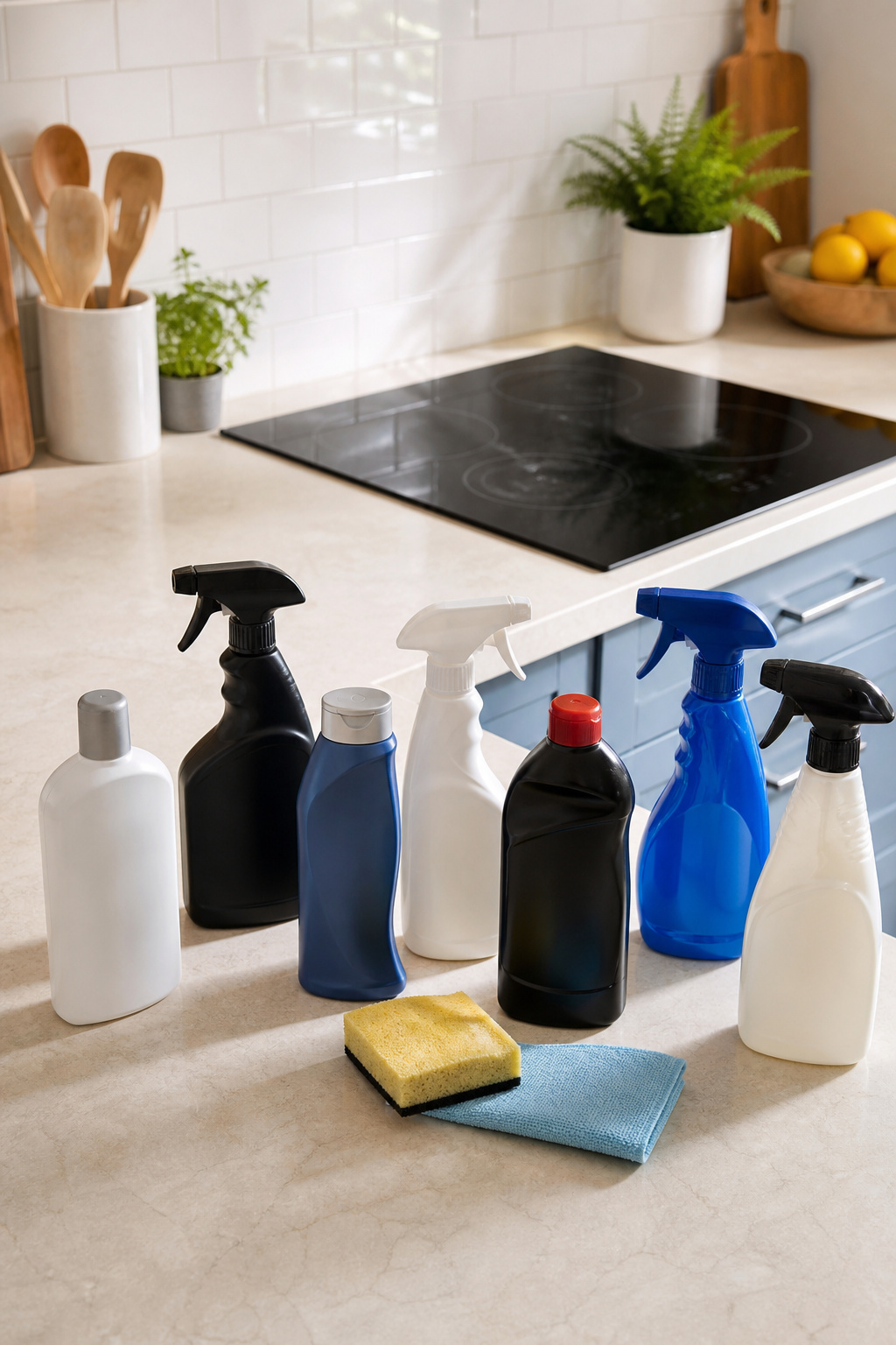 Wide shot of a kitchen with various cleaning supplies on the counter