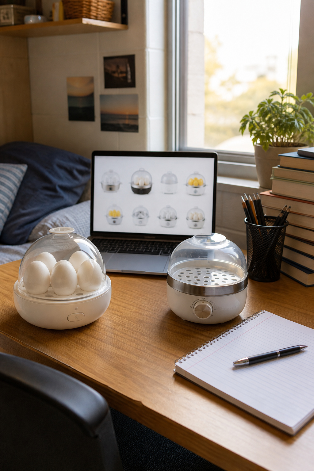Clean countertop displaying various microwave egg cookers with eggs nearby.