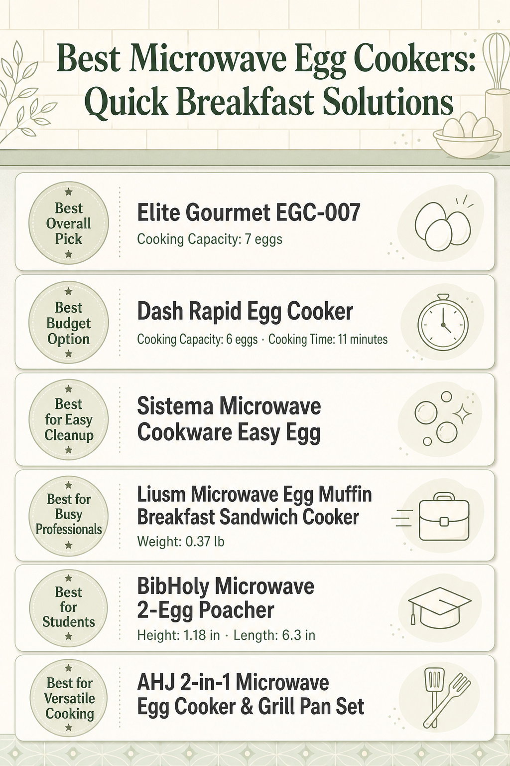 Infographic comparing different microwave egg cookers with product details.