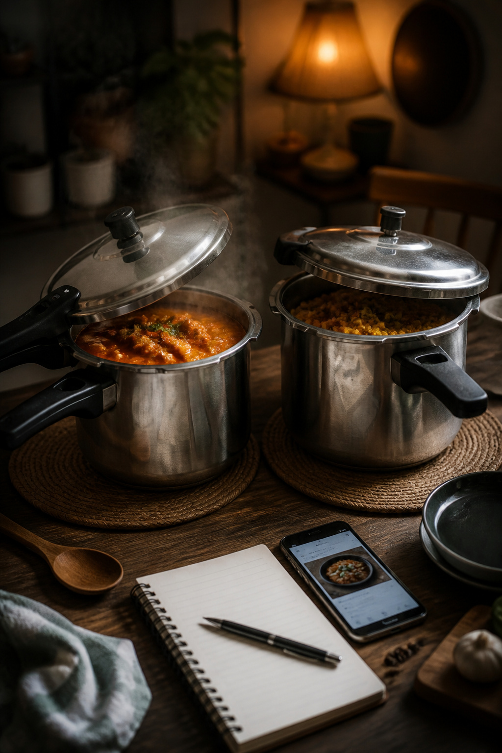 Dining table set with a pressure cooker and various kitchen items