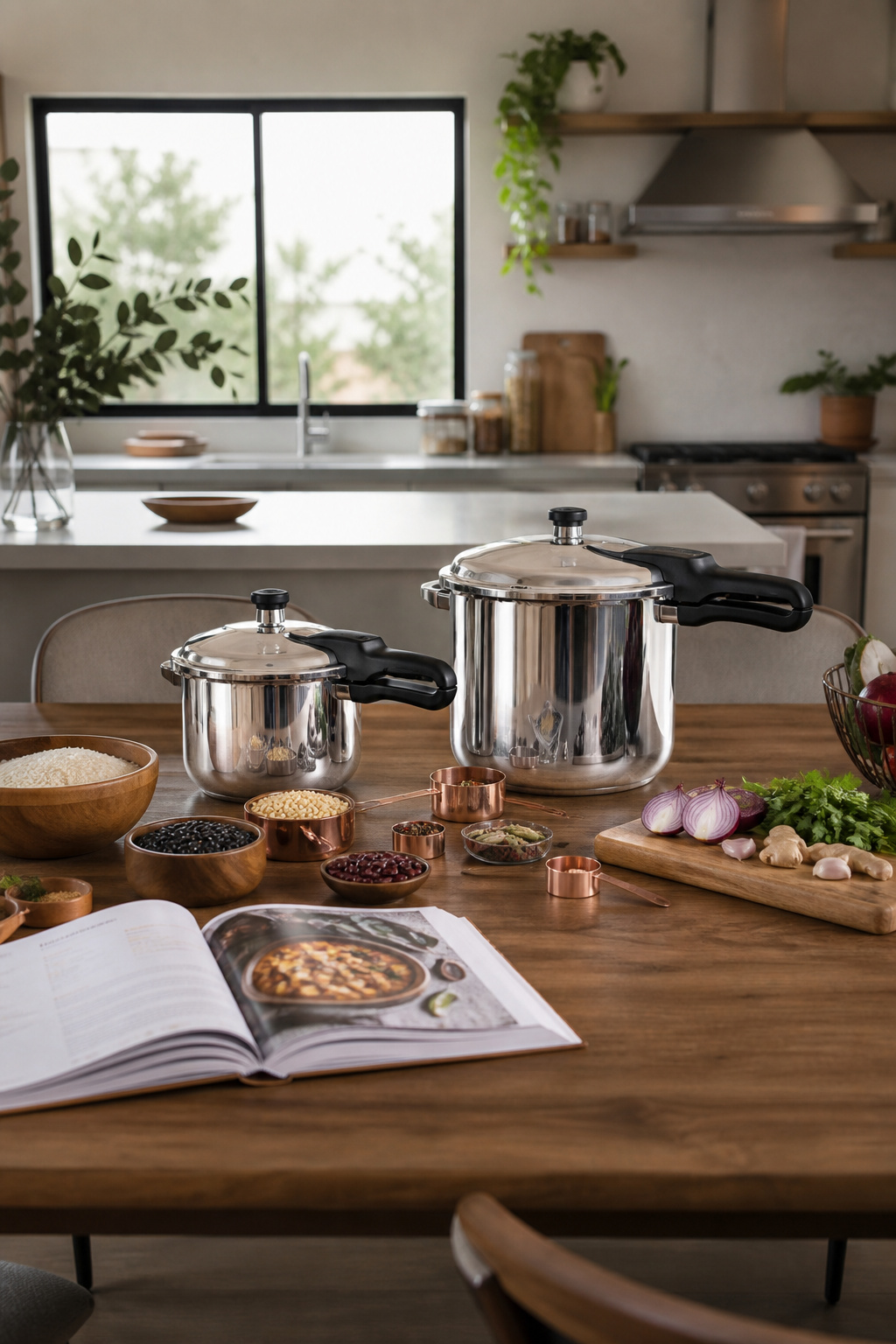 A stainless steel pressure cooker with measuring marks inside