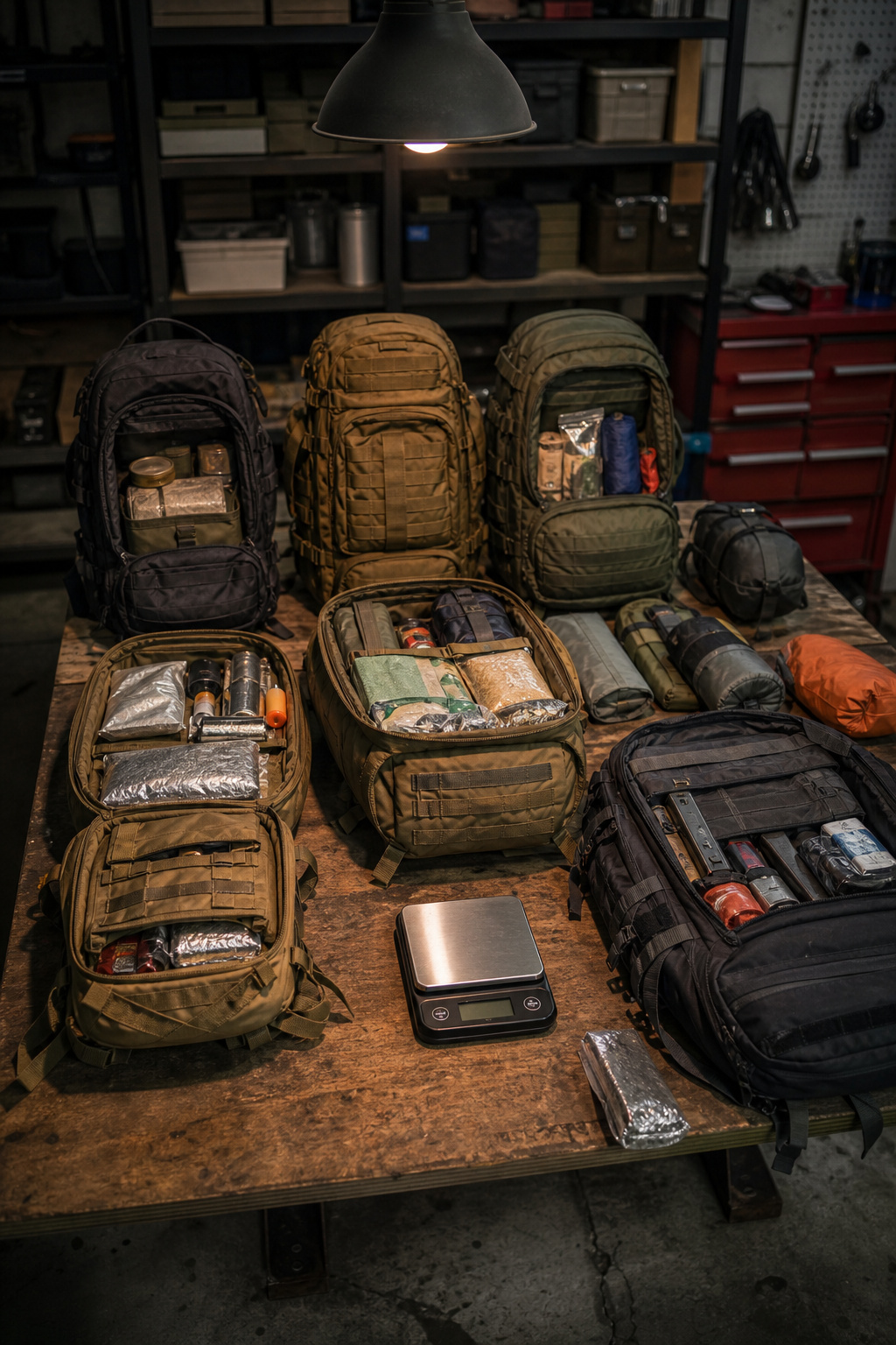 9 Best Bug Out Bags 2026: Emergency Preparedness Research 19 Various bug out bags displayed inside a dimly lit garage