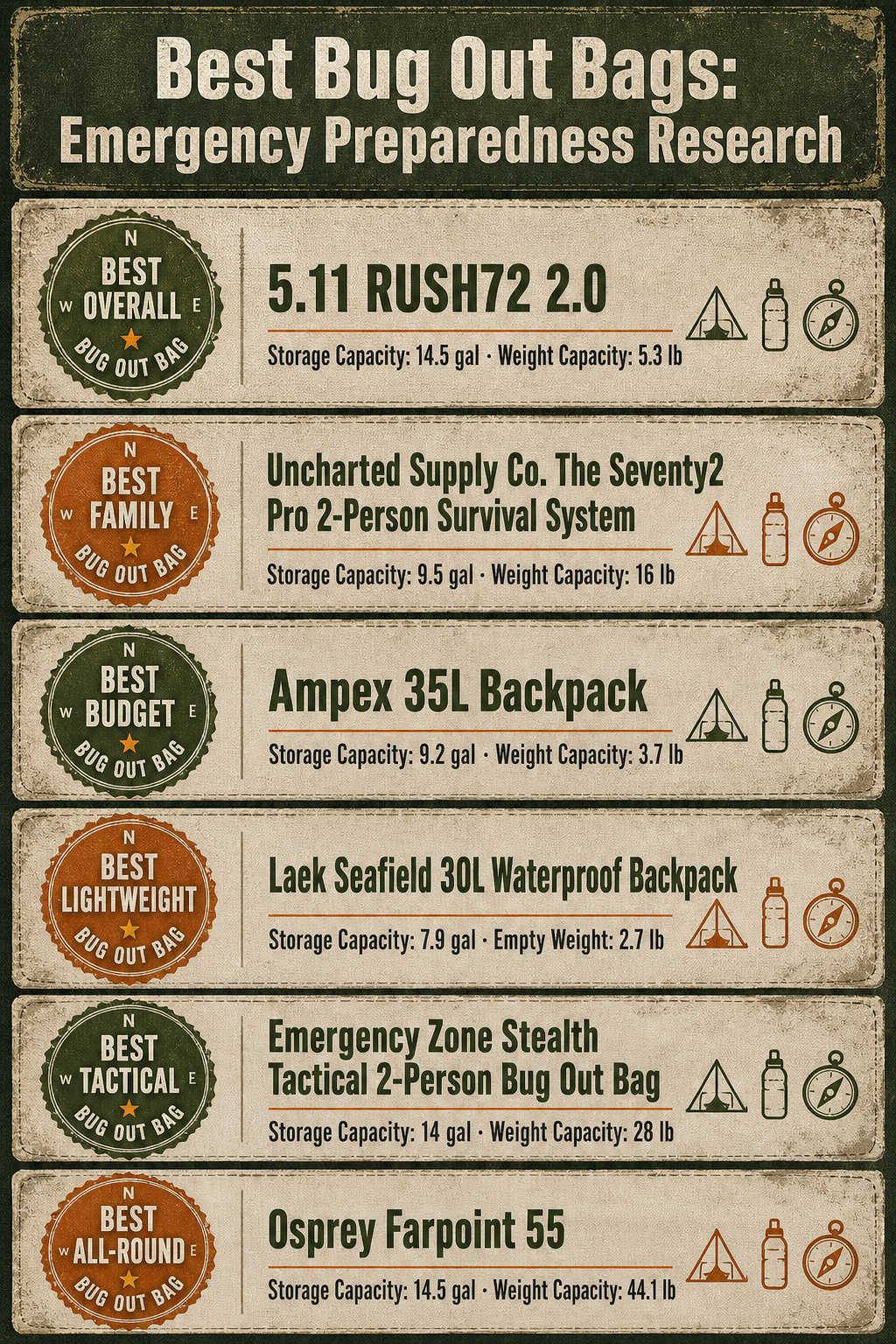 9 Best Bug Out Bags 2026: Emergency Preparedness Research 20 Comparison infographic of different bug out bags with storage capacities