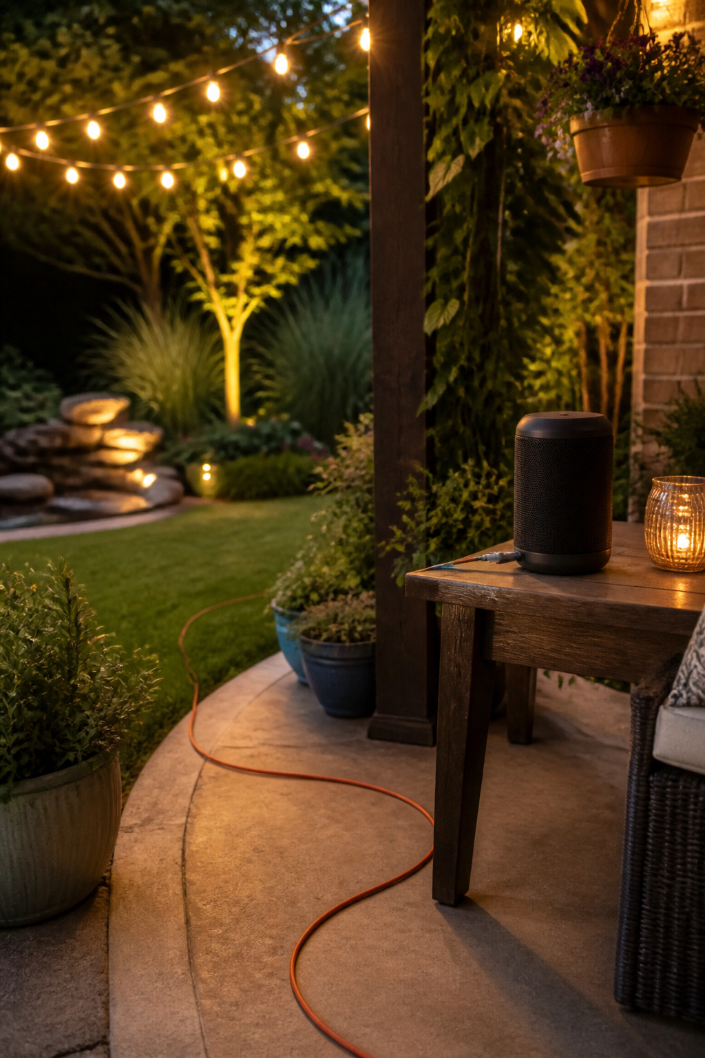6 Best Extension Cords 2026: Home, Garage and Outdoor Picks 13 Backyard patio illuminated with string lights and an extension cord on the ground.