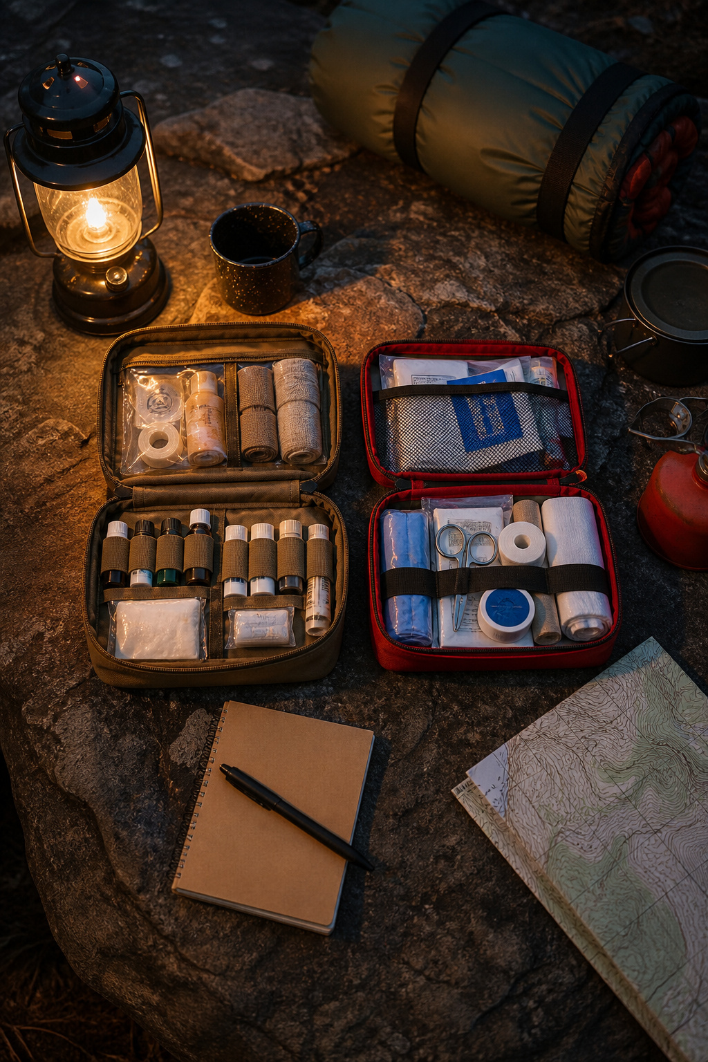 Best First Aid Kit: 10 Top Picks for Home, Car and Outdoor Use 18 A rugged campsite during twilight with a first aid kit on a table.