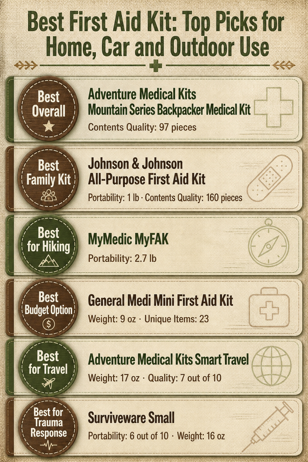 Best First Aid Kit: 10 Top Picks for Home, Car and Outdoor Use 19 An infographic comparing various first aid kits with product details listed.