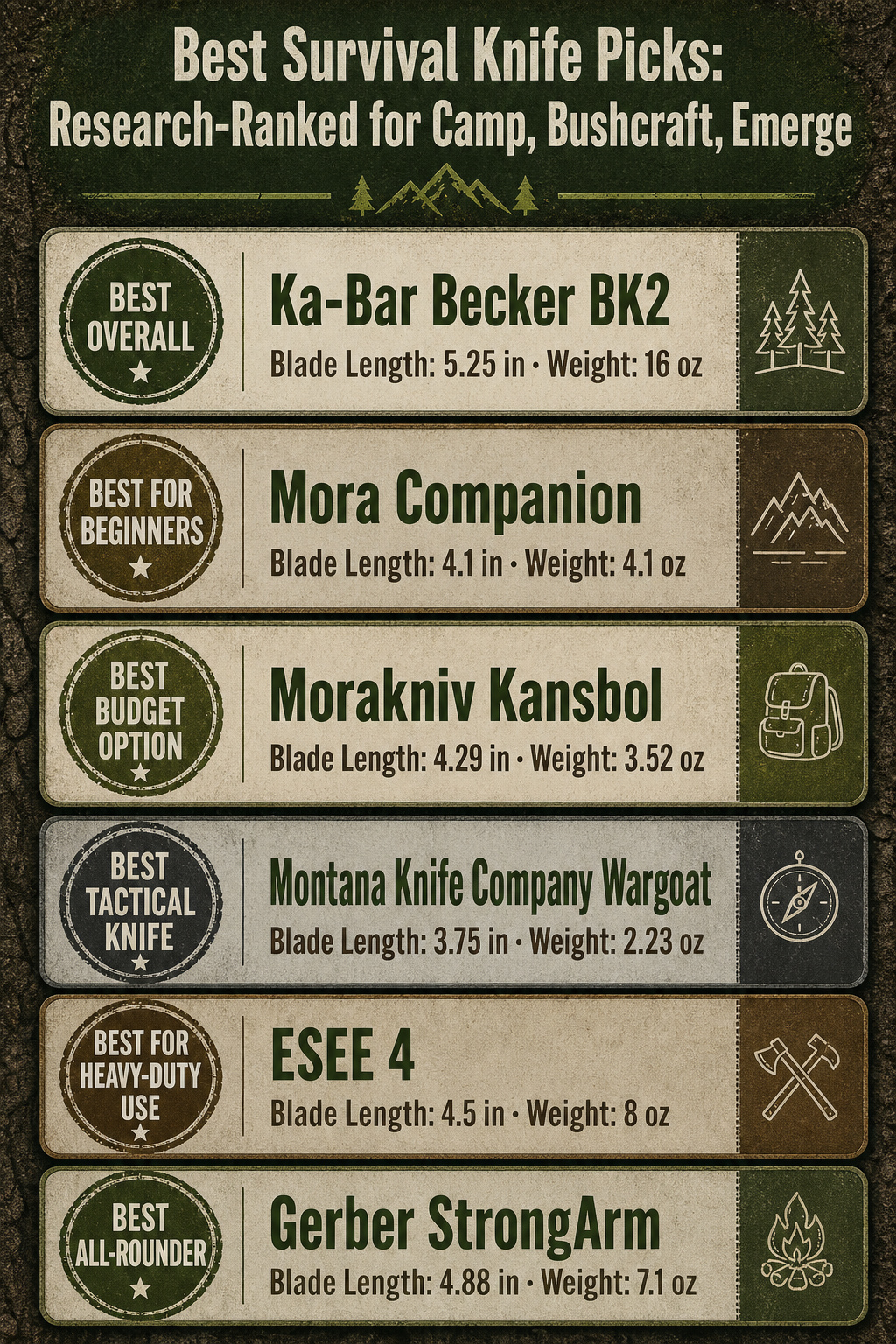 10 Best Survival Knife Picks 2026: Research-Ranked for Camp, Bushcraft, Emergency 14 An infographic comparing different survival knives with title text