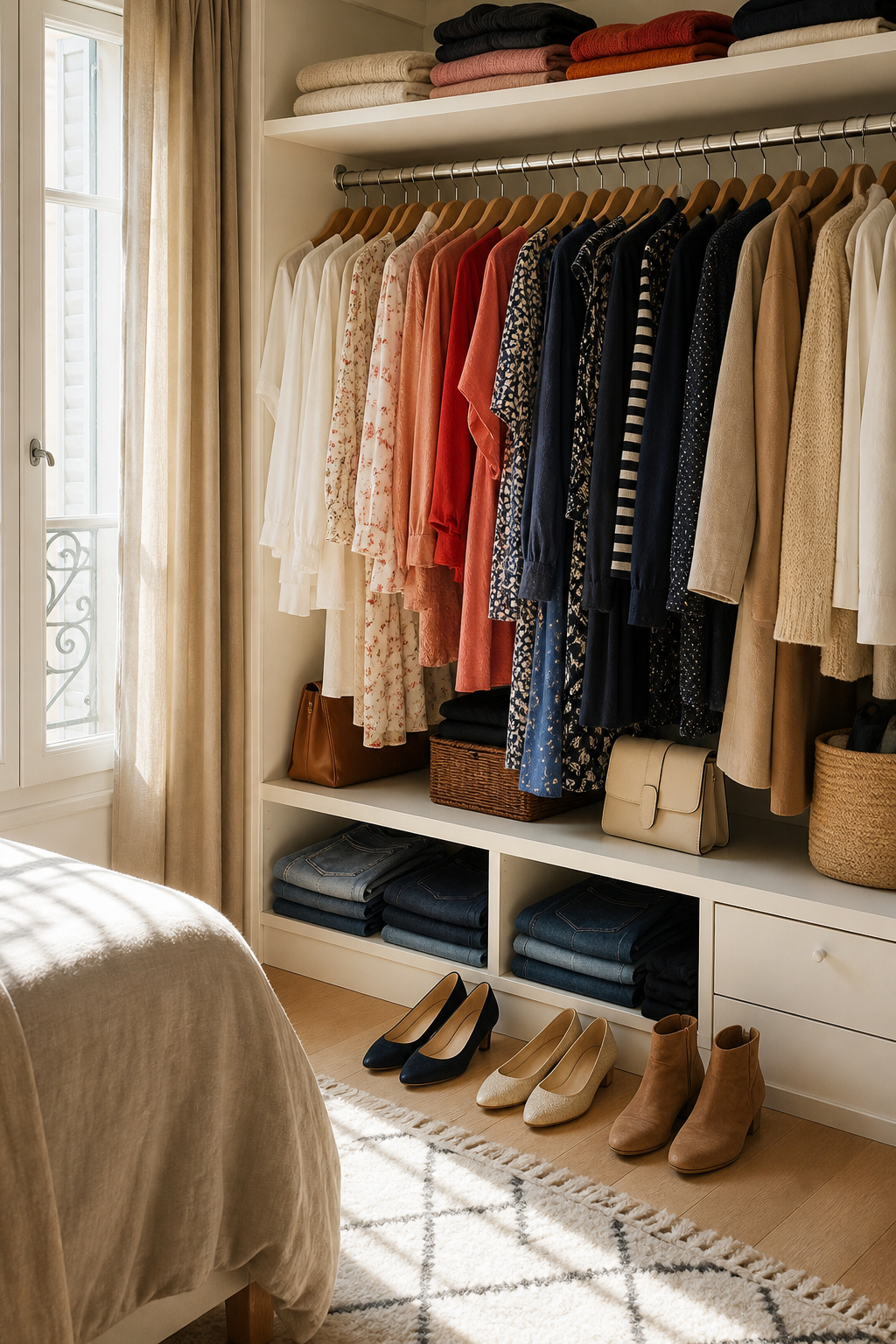 Well-organized display of various French clothing brands and price ranges