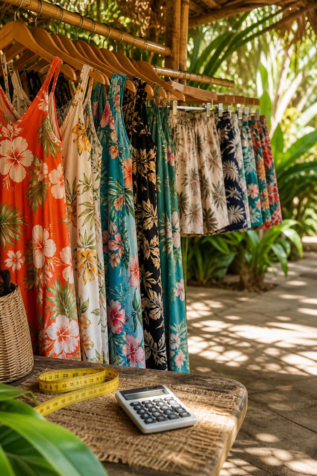 Outdoor setting with various Hawaiian shirts displayed on hangers.
