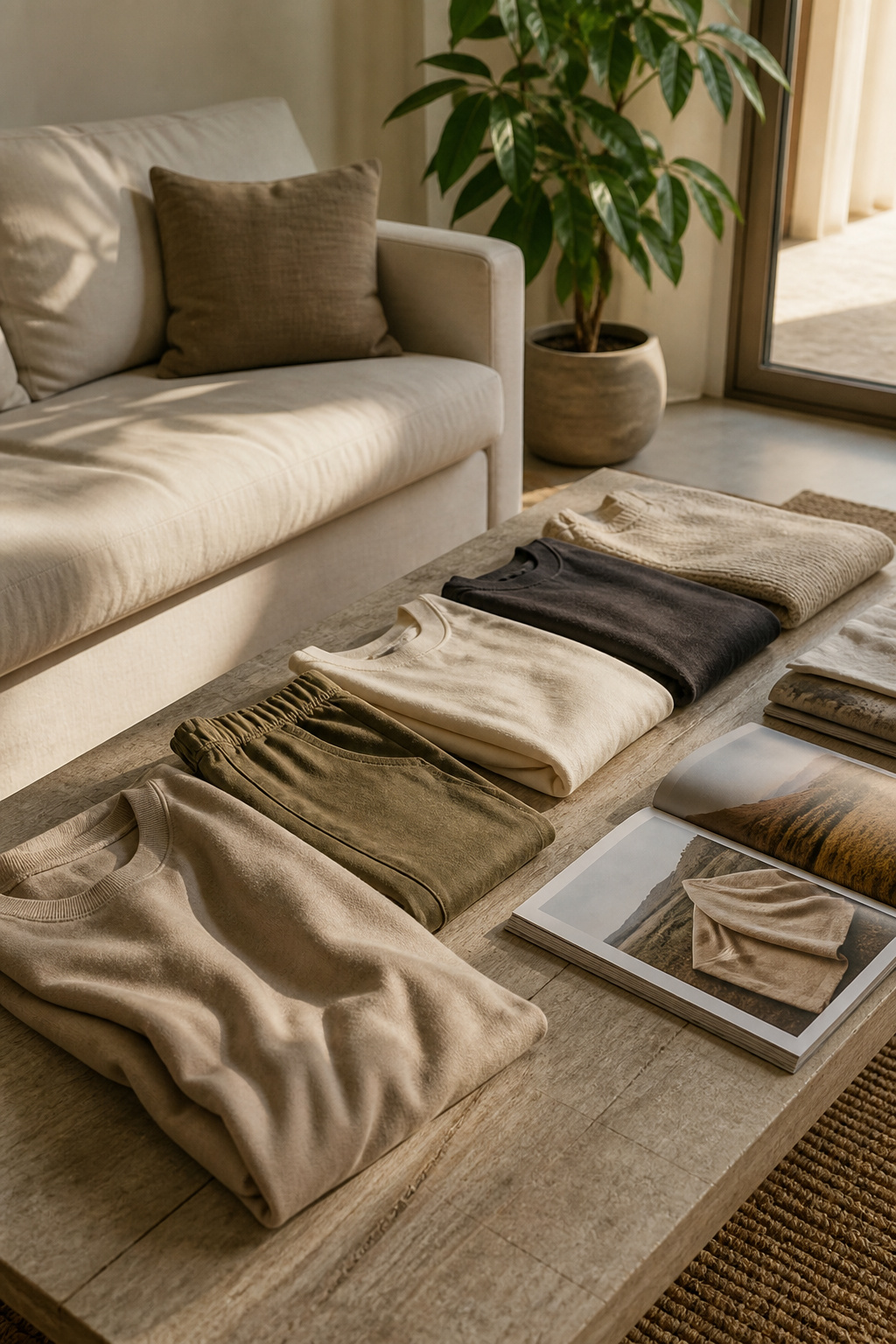 Stylish clothing items arranged on a rack in a minimalist setting.
