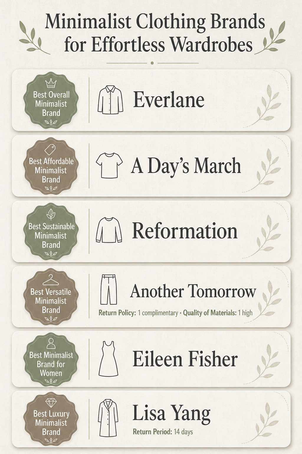 Comparison infographic showing different minimalist clothing brands and their features.