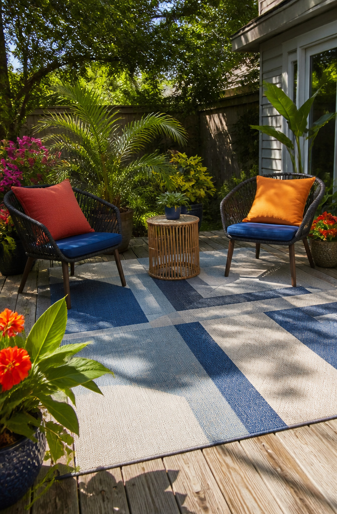 A geometric outdoor rug on a weathered wood deck.