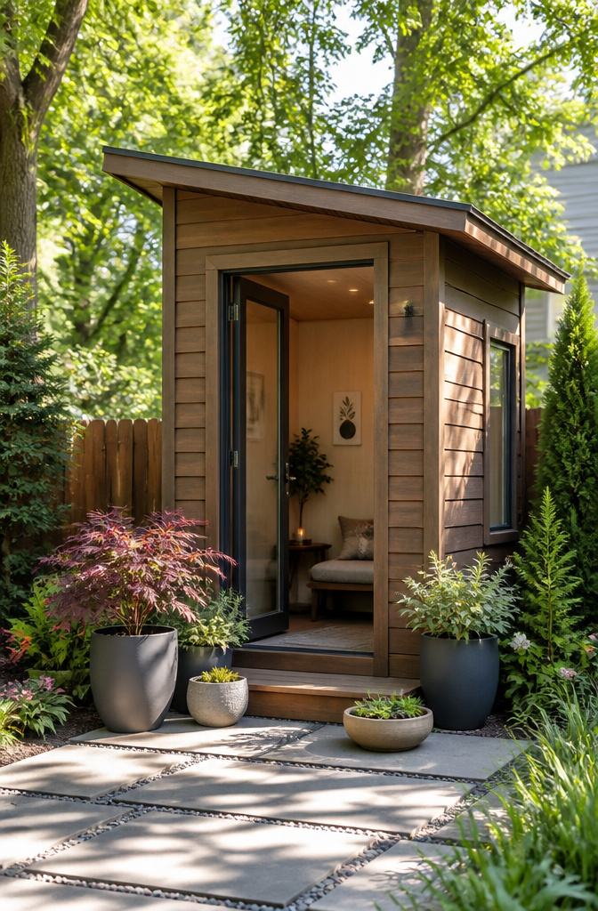 A small meditation shed surrounded by greenery.