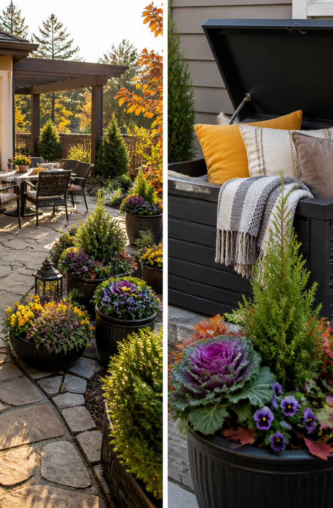 Potted plants arranged on a patio for seasonal appeal.