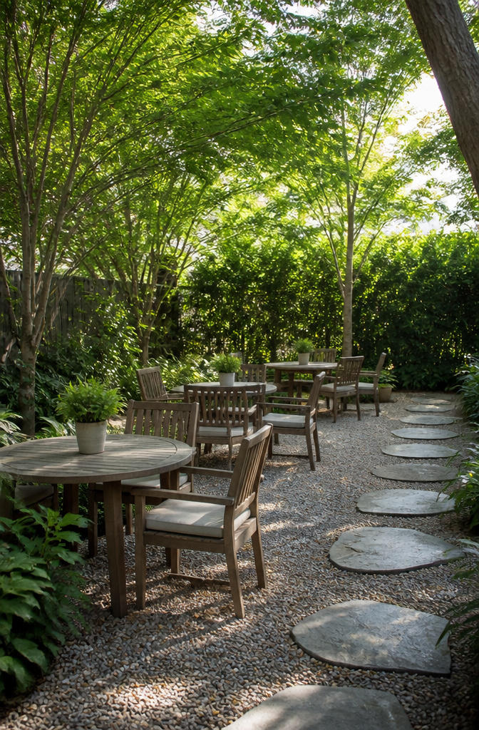 A patio with crushed stone flooring and wooden tables.