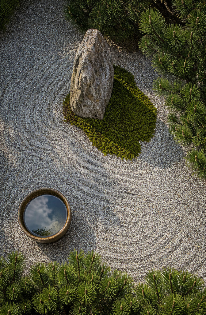 A Zen garden with raked gravel and a stone centerpiece.