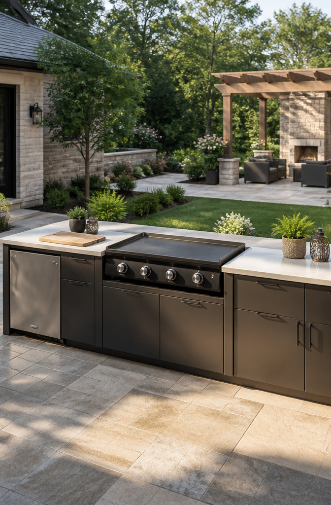 A built-in island with a Blackstone griddle and counter space.
