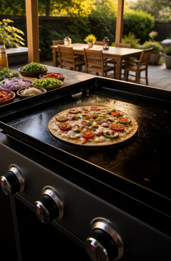 Tortilla pizzas cooking on a Blackstone griddle.